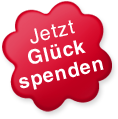 Ein rotes, blumenförmiges Abzeichen mit weißer deutscher Schrift, die Jetzt Glück spenden bedeutet.