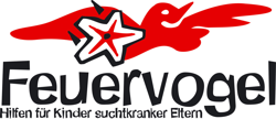Das Logo von Feuervogel zeigt einen roten Vogel mit einem weiß-roten Stern und darunter den Text Feuervogel Hilfen für Kinder suchtkranker Eltern.