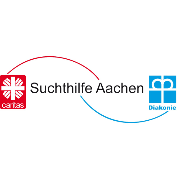 Logo der Suchthilfe Aachen mit dem Caritas-Logo links in Rot, dem Diakonie-Logo rechts in Blau und dem Text Suchthilfe Aachen in Schwarz dazwischen, verbunden durch geschwungene rote und blaue Linien.