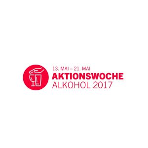 Ein rotes, kreisförmiges Symbol mit einer Hand, die nach einem Glas greift, neben einem Text mit der Aufschrift 13. Mai - 21. Mai AKTIONSWOCHE ALKOHOL 2017 auf weißem Hintergrund.