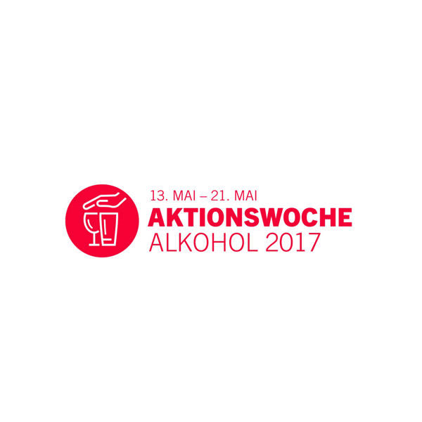 Ein rotes, kreisförmiges Symbol mit einer Hand, die nach einem Glas greift, neben einem Text mit der Aufschrift 13. Mai - 21. Mai AKTIONSWOCHE ALKOHOL 2017 auf weißem Hintergrund.