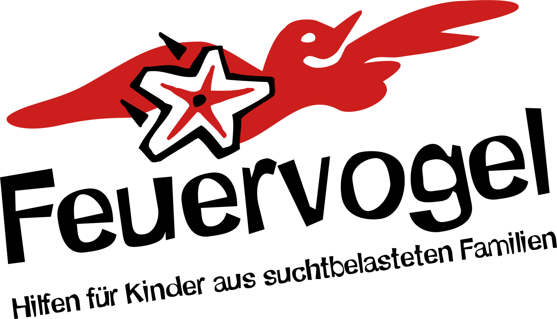 Logo mit einem roten Vogel, der einen weißen, schwarz umrandeten Stern trägt. Unter dem Vogel steht der Text "Feuervogel" und "Hilfen für Kinder aus suchtbelasteten Familien.".