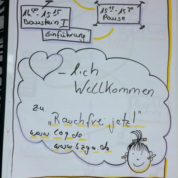 Handgezeichnetes Plakat mit einem Zeitplan, einem Willkommensgruß und einem lächelnden Gesicht. Auf dem Plakat steht "Herzlich Willkommen zu Rauchfrei jetzt!", es sind die Zeiten für die Sitzungen und eine Pause angegeben, und es enthält Websites: www.cog.de und www.sga.de.
