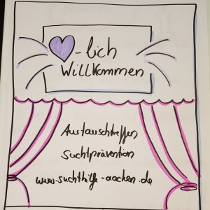 Handgezeichnetes Plakat mit einem lila Herz und den Worten Herzlich Willkommen auf einer Bühne mit Vorhängen, das für die Austauschtreffen Suchtprävention und die Website sucht.xq-intern.de wirbt.
