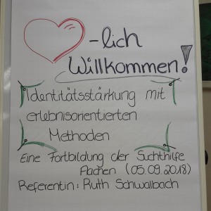 Ein Flipchart mit einem handgezeichneten roten Herz und dem Schriftzug lich Willkommen!, gefolgt von Details zu einem Workshop zur Identitätsstärkung in der Suchthilfe mit erlebnispädagogischen Methoden, geleitet von Ruth Schwalbach.