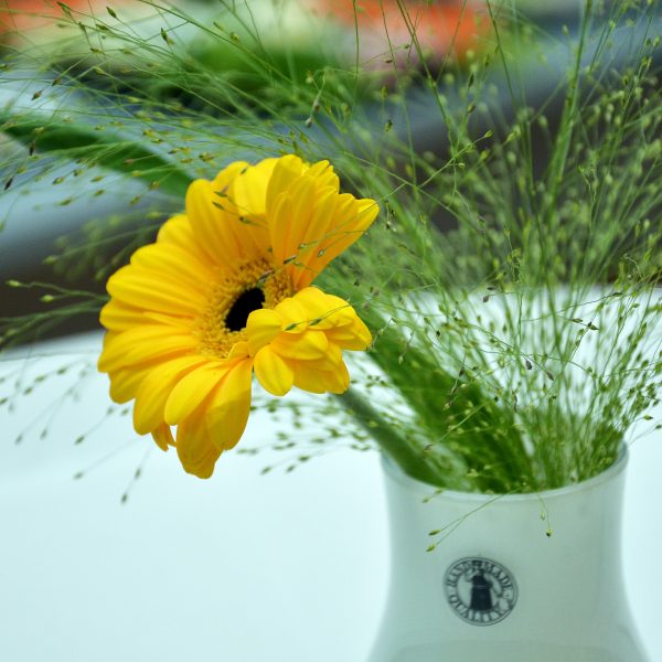 Eine weiße Vase mit einem Logo hält zwei leuchtend gelbe Gerbera-Gänseblümchen und grünes Laub, die auf einem weißen Tisch mit unscharfem Hintergrund stehen.
