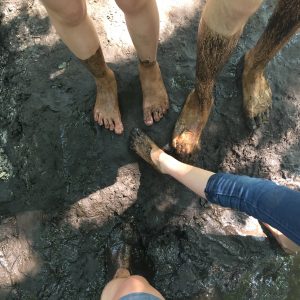 Drei Personen stehen barfuß im schlammigen Boden, ihre Füße und Unterschenkel sind mit Schlamm bedeckt. Eine Person trägt eine hochgekrempelte Jeans. Das Sonnenlicht erzeugt Schatten, und in der rechten oberen Ecke ist eine Plastikwasserflasche teilweise sichtbar.