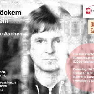 Schwarz-Weiß-Foto eines Mannes mit glattem Haar und ernster Miene, überlagert von einem Text, der für eine Veranstaltung von Jörg Böckem zur Suchthilfe in Aachen in der Bar Cantona wirbt, mit Veranstaltungs- und Kontaktdaten.