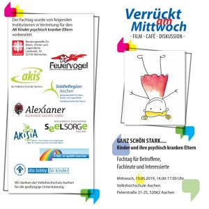 Ein deutscher Veranstaltungsflyer mit bunten Logos, Text und einer Zeichnung eines Kindes, das einen Handstand macht, mit einem roten Herz darüber. Bei der Veranstaltung geht es um Kinder und ihre psychisch kranken Eltern, die am 5. Juni 2019 in Aachen stattfindet.