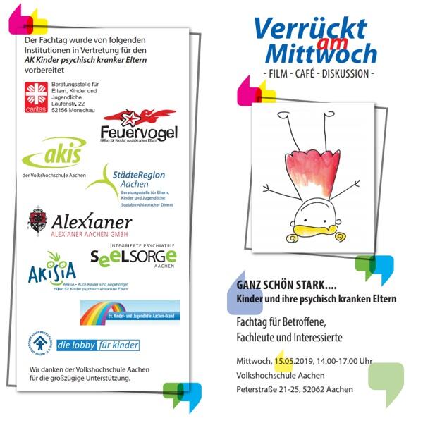 Ein deutscher Veranstaltungsflyer mit bunten Logos, Text und einer Zeichnung eines Kindes, das einen Handstand macht, mit einem roten Herz darüber. Bei der Veranstaltung geht es um Kinder und ihre psychisch kranken Eltern, die am 5. Juni 2019 in Aachen stattfindet.