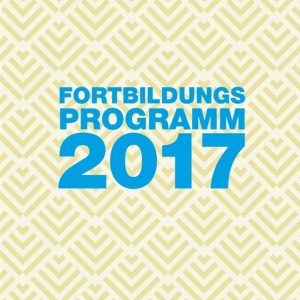 Blauer Text FORTBILDUNGSPROGRAMM 2017 auf einem gelben und cremefarbenen geometrisch gemusterten Hintergrund.
