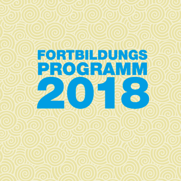Ein gemusterter gelber Hintergrund mit dem Text "Fortbildungsprogramm 2018" in fetten blauen Buchstaben. Unten stehen die Logos von Caritas, Suchthilfe Aachen und Diakonischem Werk.