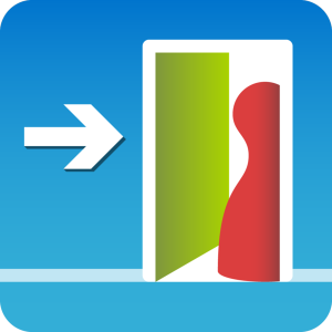 Illustration eines weißen Pfeils, der nach rechts auf eine offene Tür zeigt, in der eine rote, abstrakte menschliche Figur vor einem blauen Hintergrund steht.