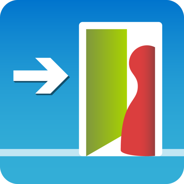 Illustration eines weißen Pfeils, der nach rechts auf eine offene Tür zeigt, in der eine rote, abstrakte menschliche Figur vor einem blauen Hintergrund steht.