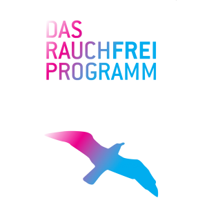 Der Text auf weißem Hintergrund lautet "DAS RAUCHFREI PROGRAMM" in Rosa, Lila und Blau. Darunter befindet sich eine stilisierte Silhouette eines Vogels in ähnlichen Farbverläufen.