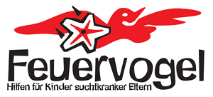 Logo mit einem roten Vogel, der hinter einem stilisierten, abstrakten Stern fliegt. Darunter steht in schwarzen Buchstaben Feuervogel und Hilfen für Kinder suchtkranker Eltern.