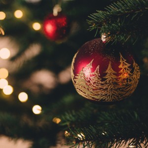 Nahaufnahme eines geschmückten Weihnachtsbaumzweigs mit roten Ornamenten, darunter eines mit goldfarbenen Bäumen, und verschwommenen Lichtern im Hintergrund.