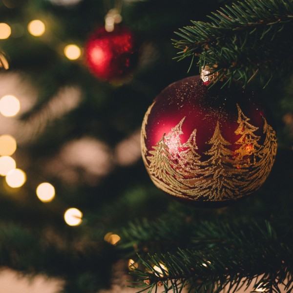 Nahaufnahme eines geschmückten Weihnachtsbaumzweigs mit roten Ornamenten, darunter eines mit goldfarbenen Bäumen, und verschwommenen Lichtern im Hintergrund.