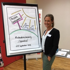 Eine Frau lächelt, während sie neben einem Flipchart mit bunten Schriften und Zeichnungen steht. Auf dem Flipchart steht Methodenschulung Glücksbox 28. September 2016 und oben Herzlich Willkommen.