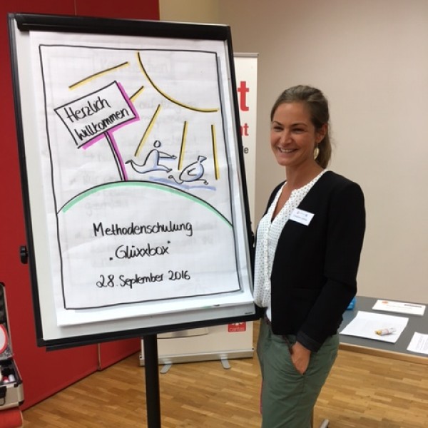Eine Frau lächelt, während sie neben einem Flipchart mit bunten Schriften und Zeichnungen steht. Auf dem Flipchart steht Methodenschulung Glücksbox 28. September 2016 und oben Herzlich Willkommen.