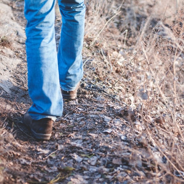 Eine Person in blauen Jeans und braunen Schuhen geht einen Feldweg entlang, der von trockenem Gras und Laub umgeben ist. Nur die Unterschenkel und Füße sind sichtbar.