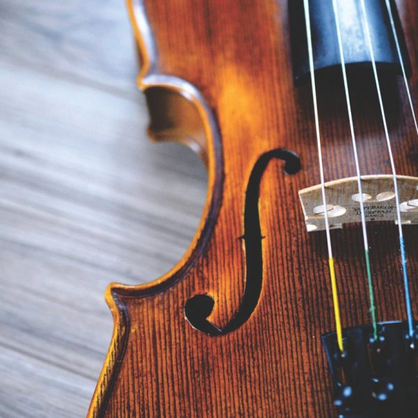 Nahaufnahme einer Geige mit Schwerpunkt auf den Saiten, dem Steg und dem F-Loch, mit einer Holzoberfläche im Hintergrund. Die Beleuchtung hebt die Holzmaserung und den Glanz des Instruments hervor.