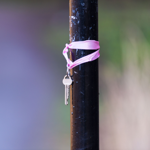 Zwei Schlüssel sind mit einem rosa Band an eine schwarze Stange gebunden. Der Hintergrund ist unscharf, mit weichen Farben und undeutlichen Formen.
