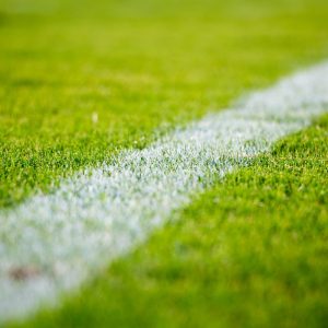 Nahaufnahme einer grünen Wiese mit einer weißen Linie, wahrscheinlich Teil eines Sportplatzes, die sich diagonal über das Bild erstreckt. Der Schwerpunkt des Fotos liegt auf der Textur des Grases und der Schärfe der Linie.