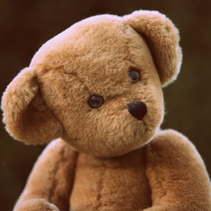 Nahaufnahme eines braunen Teddybären mit runden schwarzen Augen und geneigtem Kopf vor einem unscharfen dunklen Hintergrund.