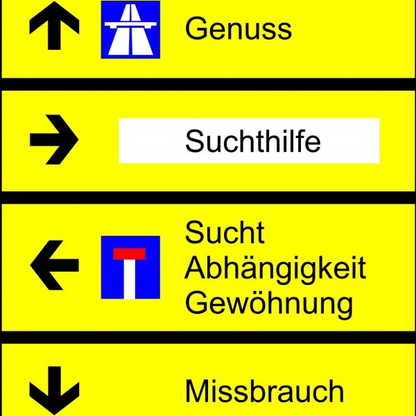 Ein gelbes Straßenschild mit vier Pfeilen und deutschen Worten: Pfeil nach oben mit Genuss und einem Autobahnsymbol, rechter Pfeil Suchthilfe, linker Pfeil Sucht Abhängigkeit Gewöhnung, Pfeil nach unten Missbrauch.