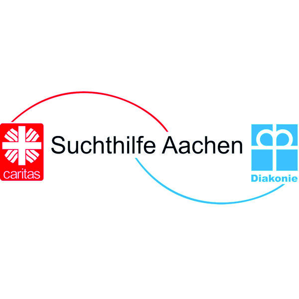 Logo mit Suchthilfe Aachen Text zwischen Caritas (rotes Kreuzlogo) links und Diakonie (blaues Symbol) rechts, verbunden durch rote und blaue geschwungene Linien.