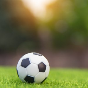 Ein schwarzer und weißer Fußball liegt auf grünem Gras mit einem unscharfen Hintergrund aus Bäumen und Sonnenlicht.