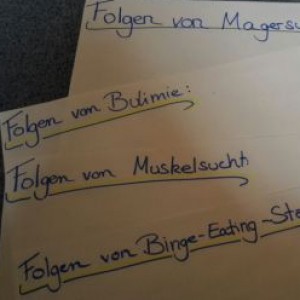 Drei Blatt Papier mit handschriftlichen deutschen Titeln: Folgen von Magersucht, Folgen von Bulimie, Folgen von Muskelsucht und Folgen von Binge-Eating-Störung, also Folgen verschiedener Essstörungen.