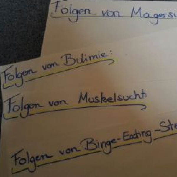Drei Blatt Papier mit handschriftlichen deutschen Titeln: Folgen von Magersucht, Folgen von Bulimie, Folgen von Muskelsucht und Folgen von Binge-Eating-Störung, also Folgen verschiedener Essstörungen.