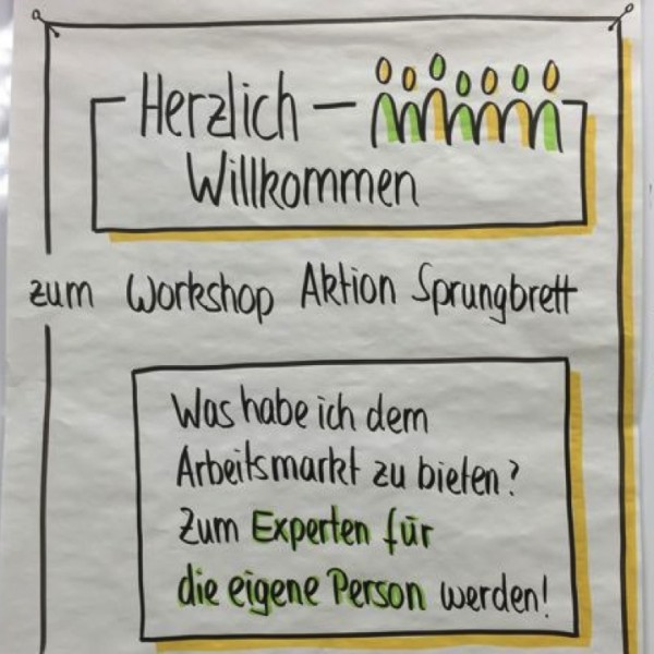 Ein handgezeichnetes Plakat in deutscher Sprache heißt die Teilnehmer zu einem Workshop namens Aktion Sprungbrett willkommen. Es erwähnt, dass man Experte für sich selbst werden kann, nennt Andrea Rawanschad, das Datum 23.02.2016 und die Uhrzeit 10-13 Uhr.