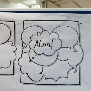 Ein Whiteboard zeigt handgezeichnete Comic-Tafeln mit Sprech- und Gedankenblasen. Die linke Tafel zeigt verschiedene sich überschneidende Formen und ein Papier mit Linien, während die rechte Tafel das Wort Alaaf in einer wolkenförmigen Blase zeigt.