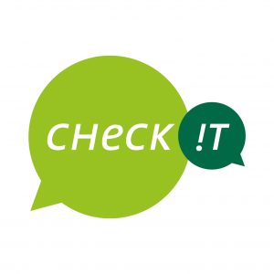 Zwei sich überschneidende Sprechblasen; eine große, grüne mit dem Wort Check in weißen Kleinbuchstaben und eine kleinere, dunkelgrüne Sprechblase mit !T in weißen Großbuchstaben auf weißem Hintergrund.