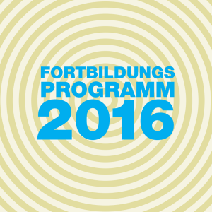 Blauer Text mit der Aufschrift Fortbildungsprogramm 2016 ist auf einem Hintergrund aus gelben konzentrischen Kreisen zentriert.