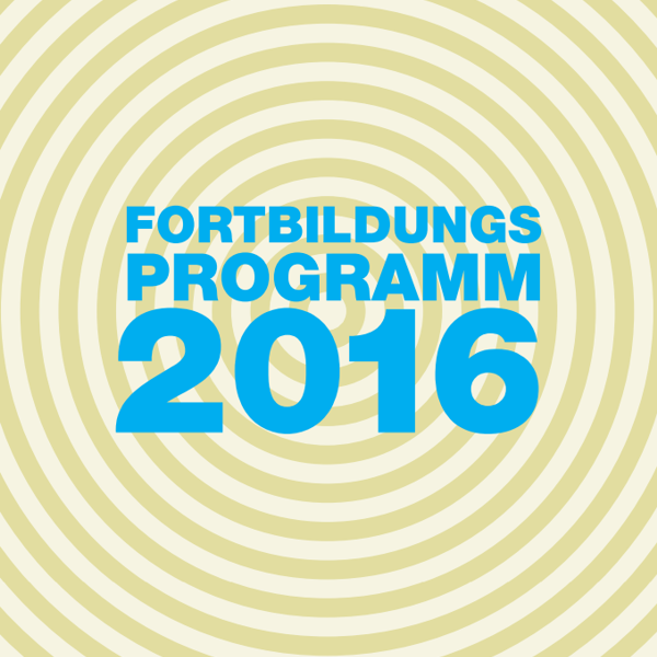 Blauer Text mit der Aufschrift Fortbildungsprogramm 2016 ist auf einem Hintergrund aus gelben konzentrischen Kreisen zentriert.