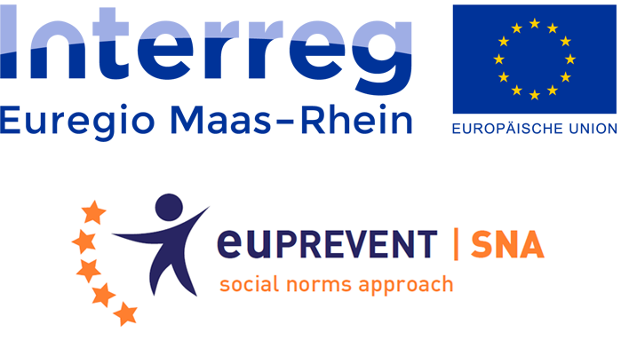 Abgebildet sind die Logos von Interreg Euregio Maas-Rhein, der Europäischen Union und euPrevent SNA (social norms approach). Das euPrevent SNA-Logo zeigt eine stilisierte Figur mit fünf orangefarbenen Sternen.