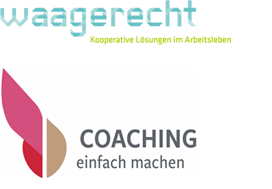 Das Bild zeigt oben den Text waagerecht Kooperative Lösungen im Arbeitsleben und darunter ein rosa-beiges abstraktes Logo neben der Aufschrift COACHING einfach machen.