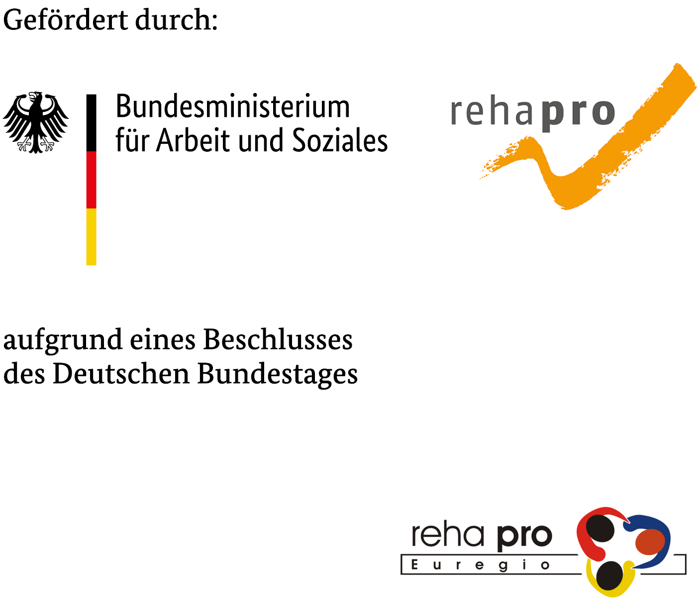 Logos für das Bundesministerium für Arbeit und Soziales, rehapro und rehapro Euregio, mit deutschem Text, der auf die Förderung durch das Ministerium aufgrund eines Beschlusses des Bundestages hinweist.