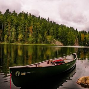 Ein grünes Kanu schwimmt auf einem ruhigen See, der von dichten Wäldern und felsigen Ufern umgeben ist, unter einem bewölkten Himmel, in dem sich die Bäume auf dem Wasser spiegeln.