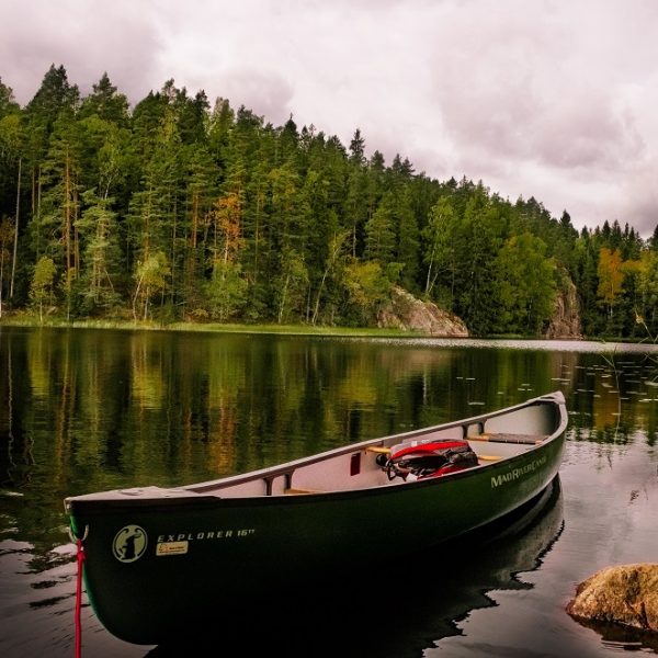 Ein grünes Kanu schwimmt auf einem ruhigen See, der von dichten Wäldern und felsigen Ufern umgeben ist, unter einem bewölkten Himmel, in dem sich die Bäume auf dem Wasser spiegeln.