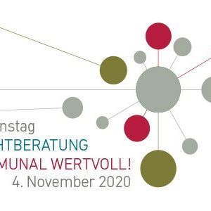Abstrakte Grafik mit verbundenen Kreisen in Rot, Grün und Grau. Der Text lautet: Aktionstag SUCHTBERATUNG KOMMUNAL WERTVOLL! 4. November 2020.