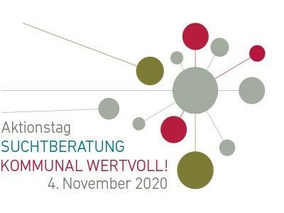 Abstrakte Grafik mit verbundenen Kreisen in Rot, Grün und Grau. Der Text lautet: Aktionstag SUCHTBERATUNG KOMMUNAL WERTVOLL! 4. November 2020.