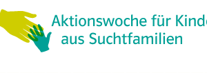 Zwei illustrierte Hände, eine große, gelbe und eine kleine, grüne, strecken sich neben dem Text Aktionswoche für Kinder aus Suchtfamilien auf weißem Hintergrund einander entgegen.
