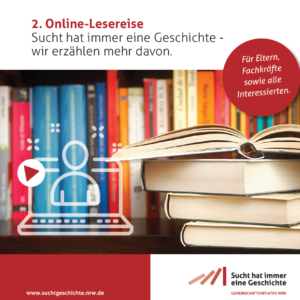 Eine Grafik, die für eine Online-Leseveranstaltung wirbt: ein digitales Symbol einer Person und eines Buches erscheint über einem Stapel aufgeschlagener Bücher, mit Regalen voller bunter Bücher im Hintergrund. Ein deutscher Text lädt Eltern und Fachleute dazu ein, mehr zu erfahren.