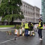 Vier Personen in gelben Sicherheitswesten arrangieren Topfpflanzen und weiße Pflanzgefäße auf einem nassen Bürgersteig. Im Hintergrund stehen ein großer Baum und ein steinernes Gebäude, und in der Nähe befinden sich Bauabsperrungen.