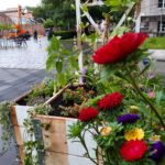 Ein hölzerner Pflanzkasten, gefüllt mit bunten Blumen und Grünpflanzen, steht auf einem gepflasterten städtischen Platz, auf dem an einem bewölkten Tag Menschen spazieren gehen, Fahrräder in der Nähe geparkt sind und Baumaschinen im Hintergrund zu sehen sind.